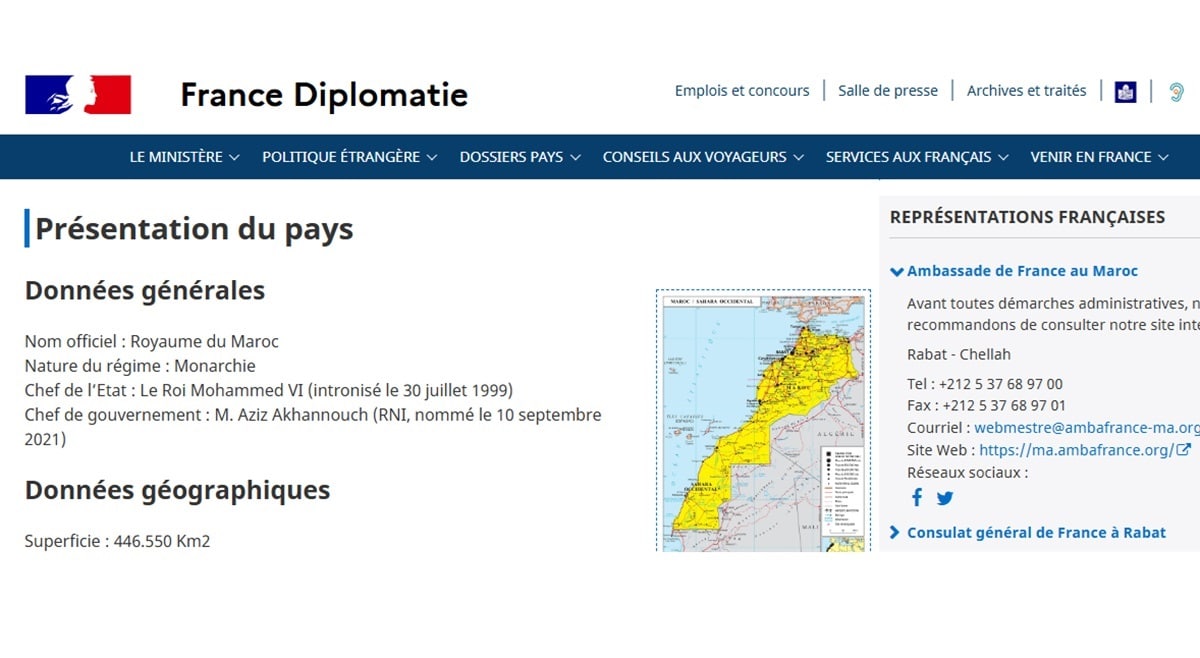 Le site du Quai d’Orsay publie la carte officielle du Maroc avec son Sahara quai carte maroc quais orsay