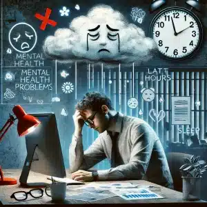 DALL·E 2024 11 15 22.25.51 A conceptual image illustrating the signs of mental health problems at work. The image should depict a stressed employee sitting at a desk with papers