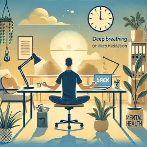 Santé mentale au travail : comment prévenir l’épuisement professionnel et le stress Santé DALL·E 2024 11 15 22.31.31 An illustration showing a calm balanced workspace for mental health. The image includes a person taking a break practicing deep breathing or meditat