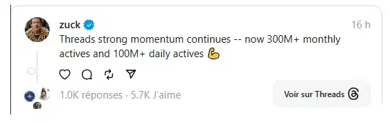 Threads franchit un cap majeur : plus de 100 millions d'utilisateurs actifs quotidiens Threads Capture decran 2024 12 17 161428