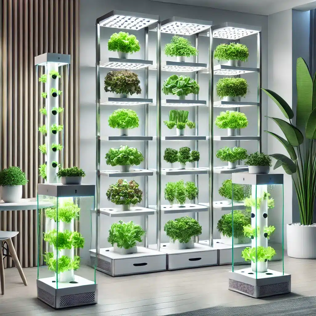 Apportez la nature à l'intérieur : les espaces verts domestiques comme source de bien-être espaces verts DALL·E 2024 12 05 20.26.11 A modern hydroponic indoor garden setup with various leafy green plants growing in water without soil. The system includes vertical towers nutrient e