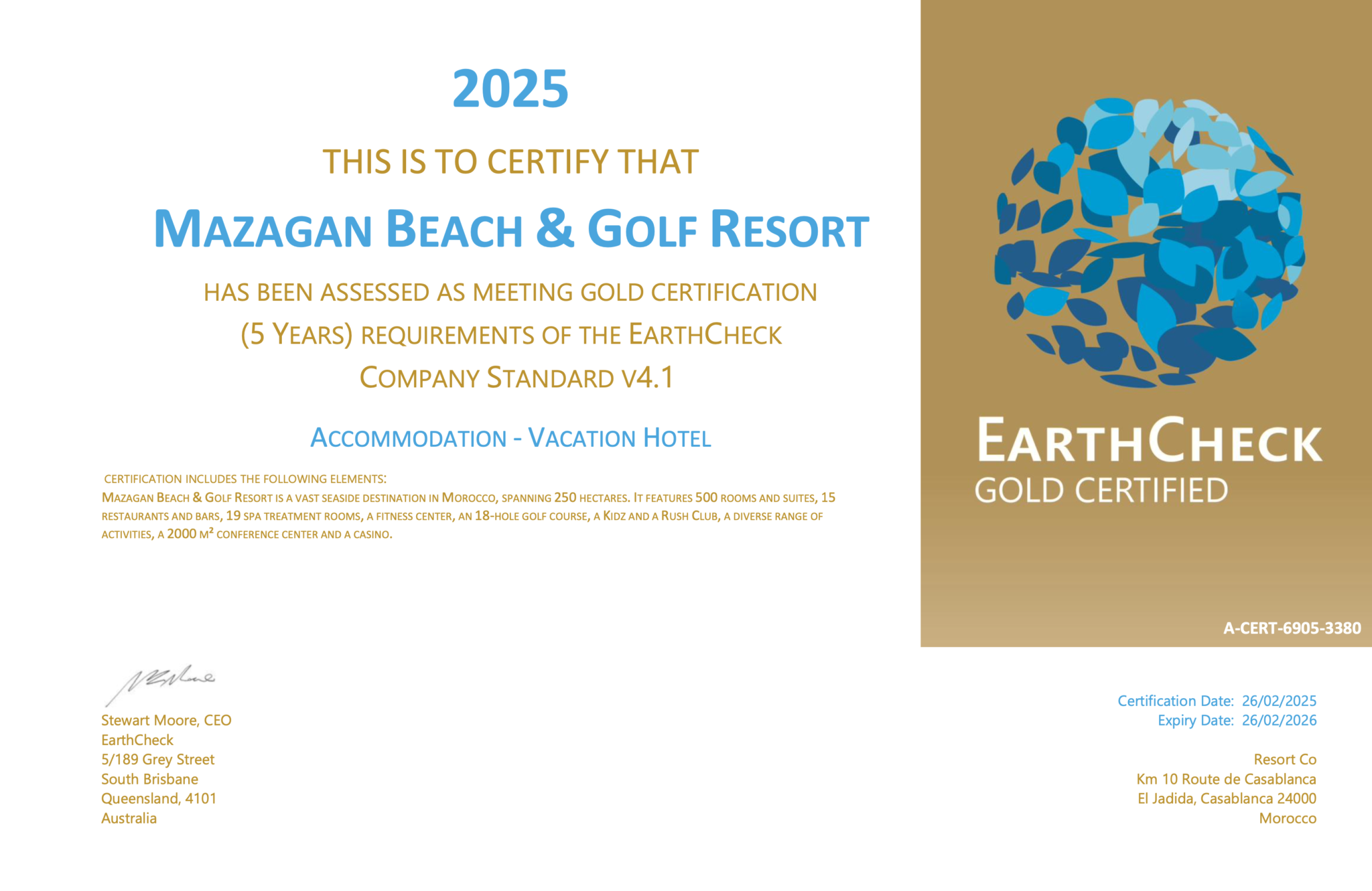 Mazagan Beach & Golf Resort, premier établissement du Maroc à décrocher la certification GOLD d’EarthCheck mazagan Certification EarthCheck GOLD