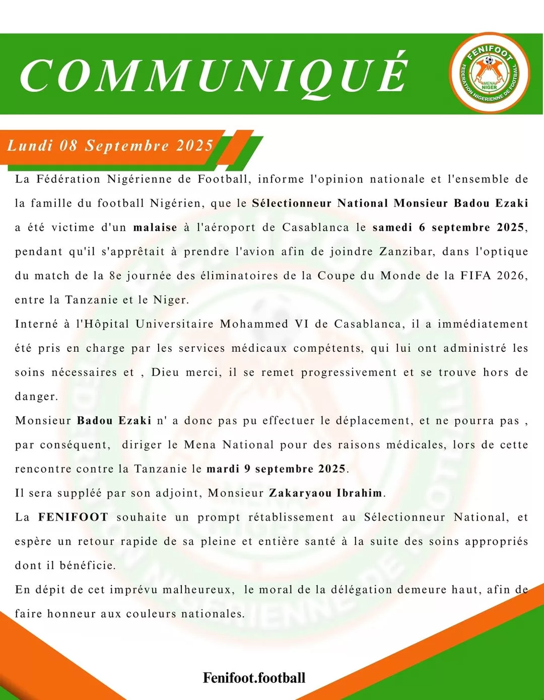 Badou Zaki hospitalisé à Casablanca, son adjoint dirigera le Niger face à la Tanzanie badou 544983677 1206970398138401 6196554666554740976 n