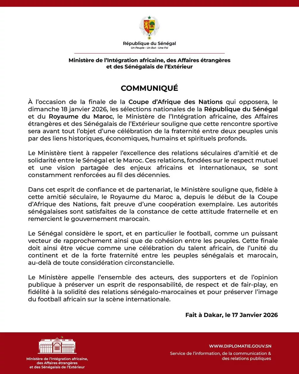 Finale Sénégal-Maroc : Dakar appelle à une célébration de la fraternité africaine Finale communique Senegal