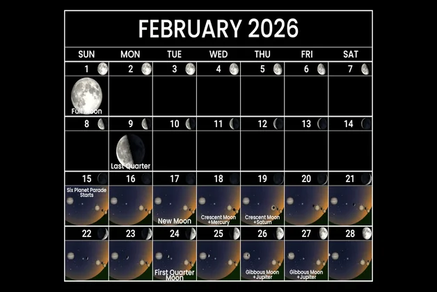 Calendrier des événements astronomiques de février 2026 montrant les phases de la Lune et l’alignement des planètes en fin de mois